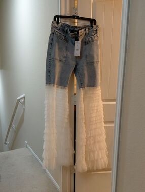 AKIRA Light Blue Denim Flare Jeans with White Tiered Tulle Panels